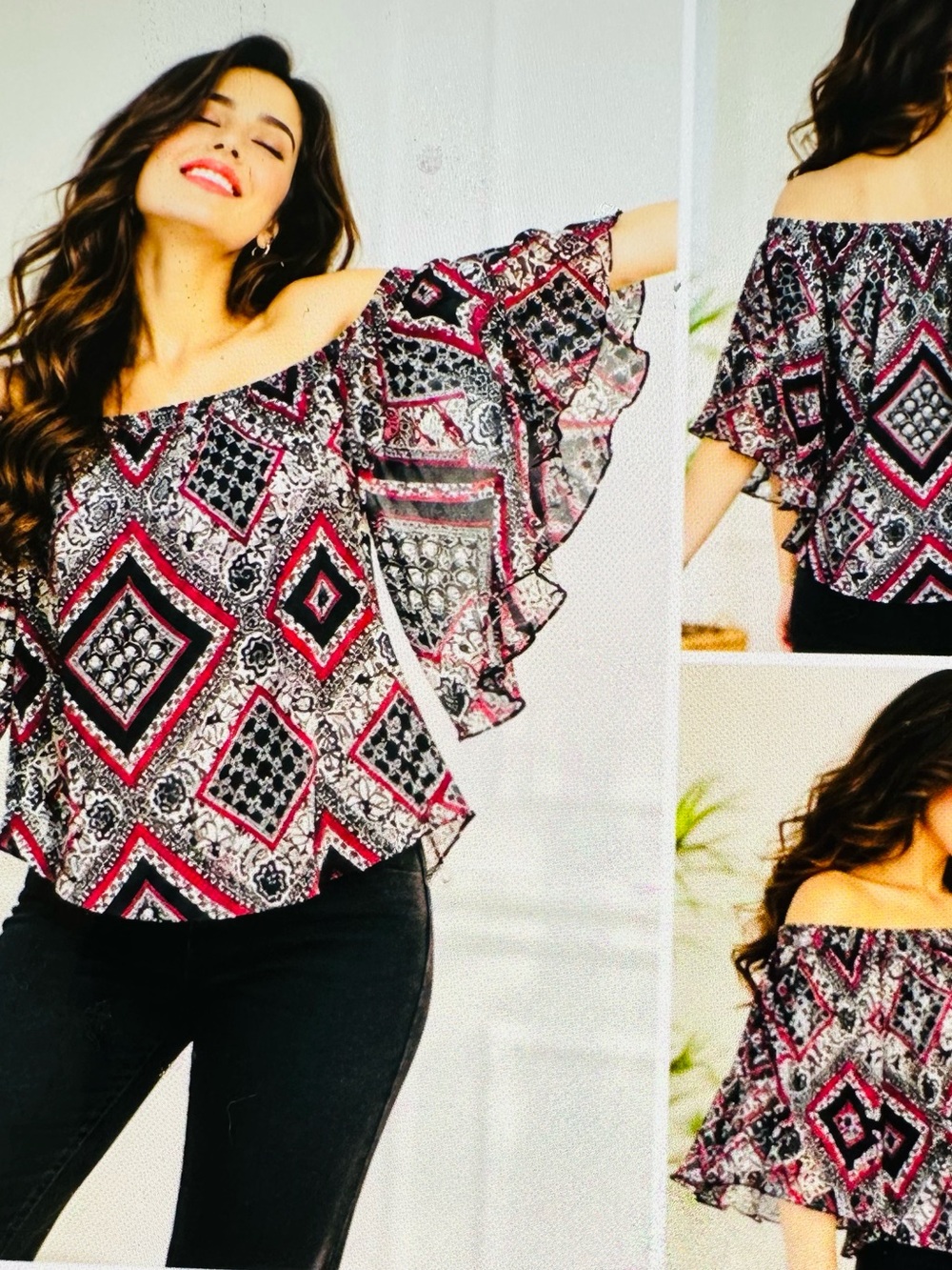 100% rayon boho Cato Off-Shoulder Geometric Flutter Sleeve Top in Pink and Black